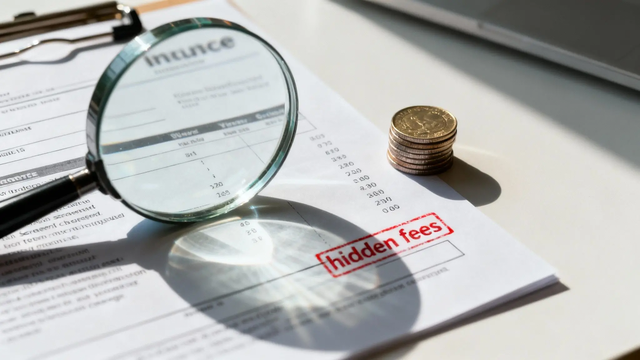 magnifying glass over a financial document highlighting hidden fees