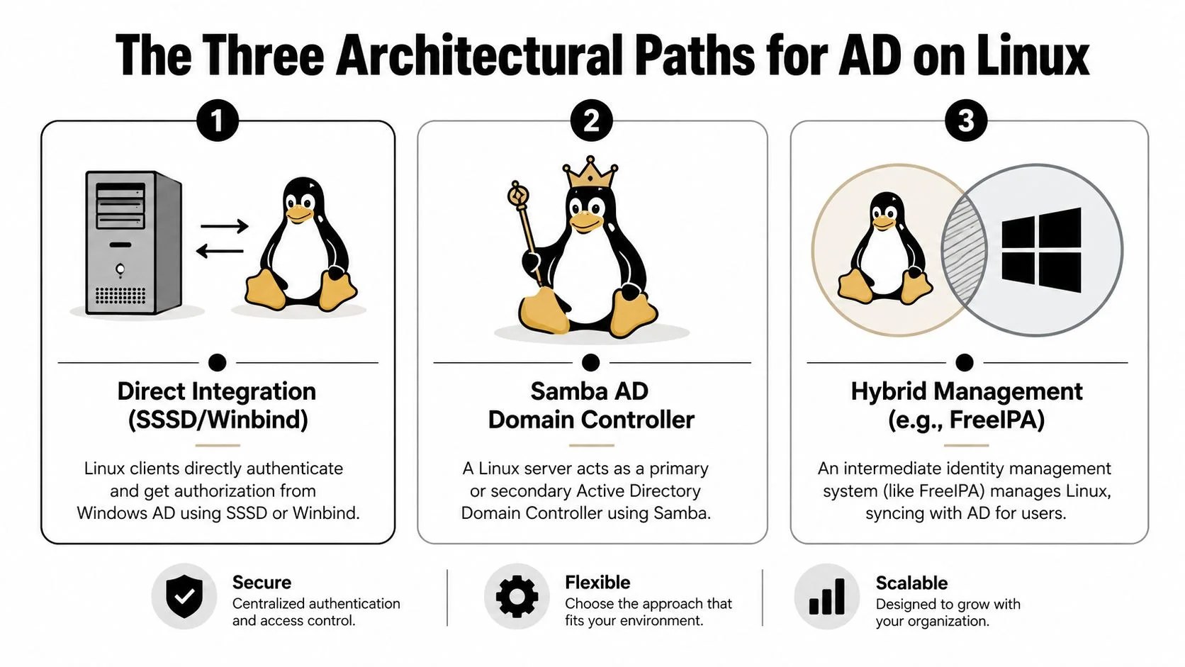 A diagram illustrating the three architectural paths for integrating Active Directory on Linux systems and servers.