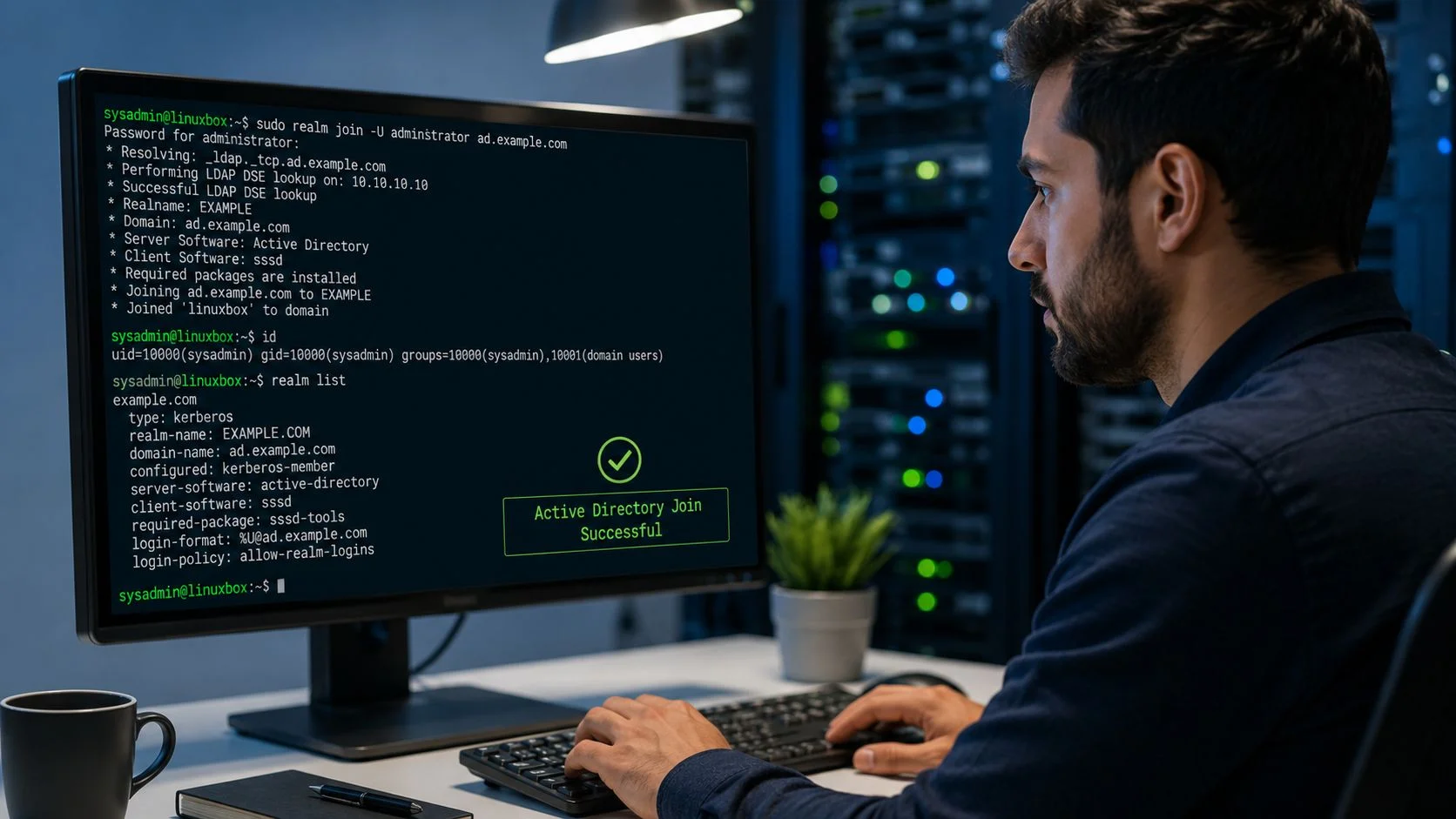 A systems administrator configuring Active Directory integration on a Linux server workstation in a data center.