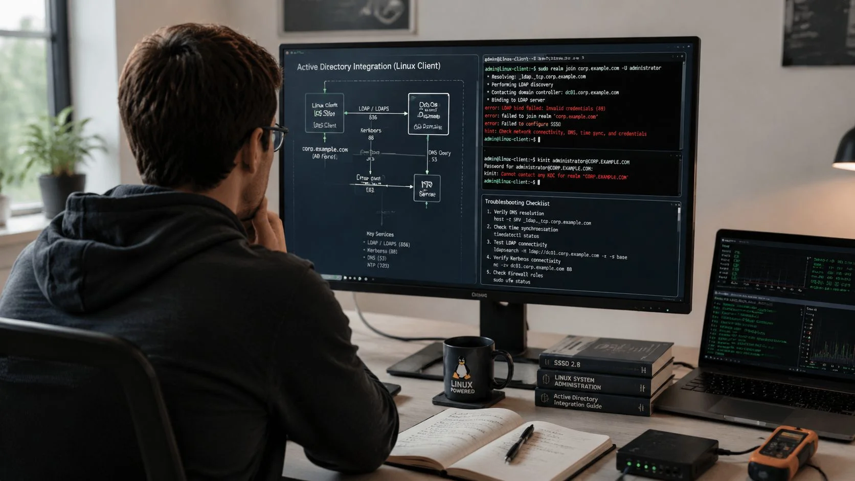 A developer working on Active Directory integration on a Linux system setup with troubleshooting terminal commands displayed.
