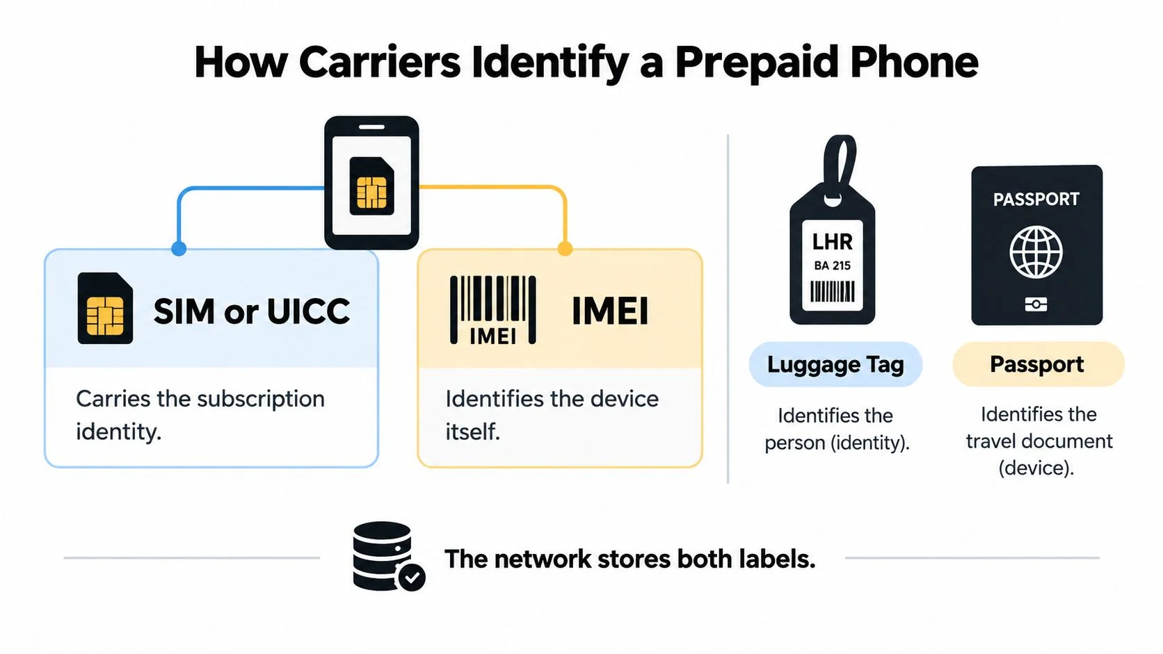 An infographic showing how carriers identify prepaid phones using SIM cards and IMEI numbers, compared to luggage tags and passports.