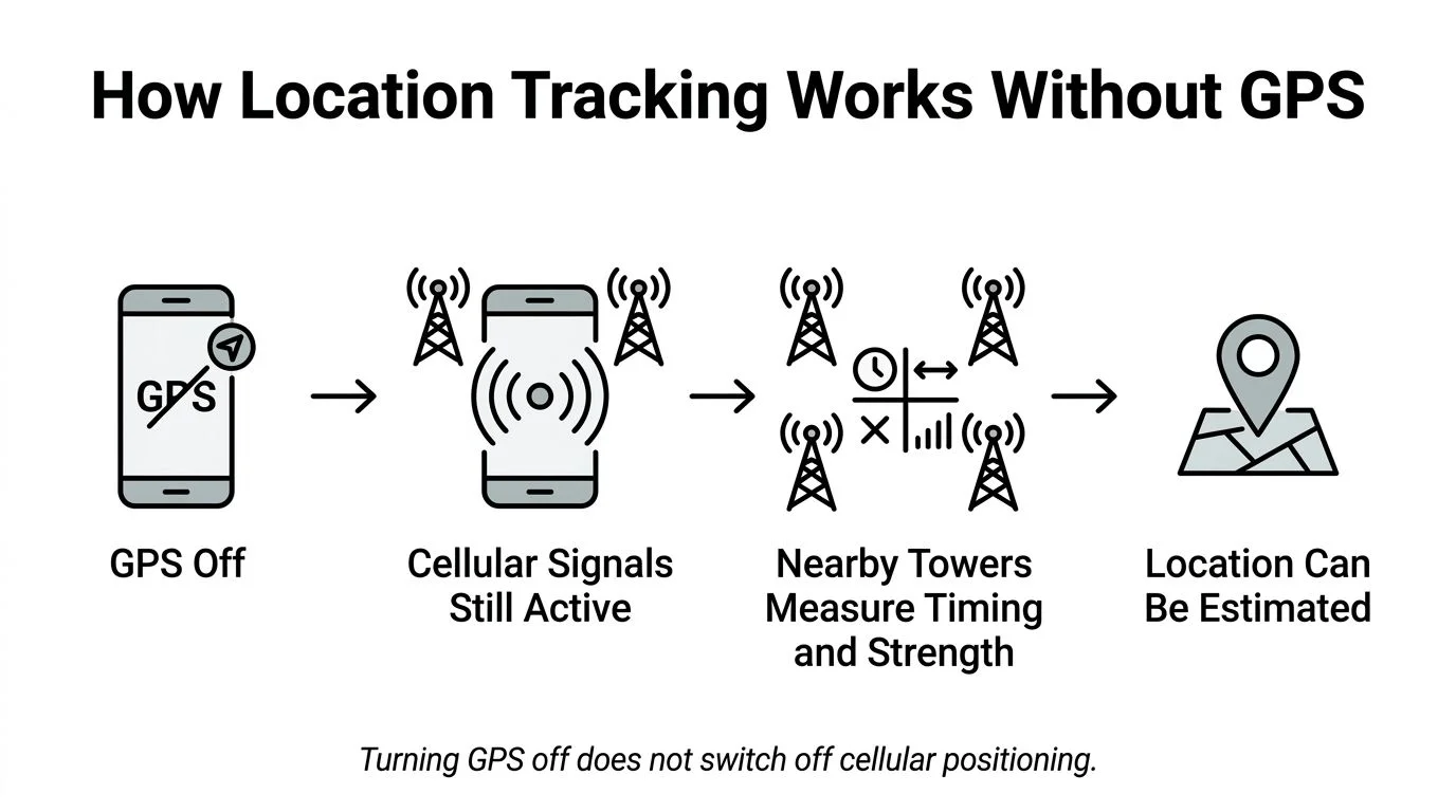 An infographic showing how mobile phones can still be tracked through cellular towers when GPS is disabled.