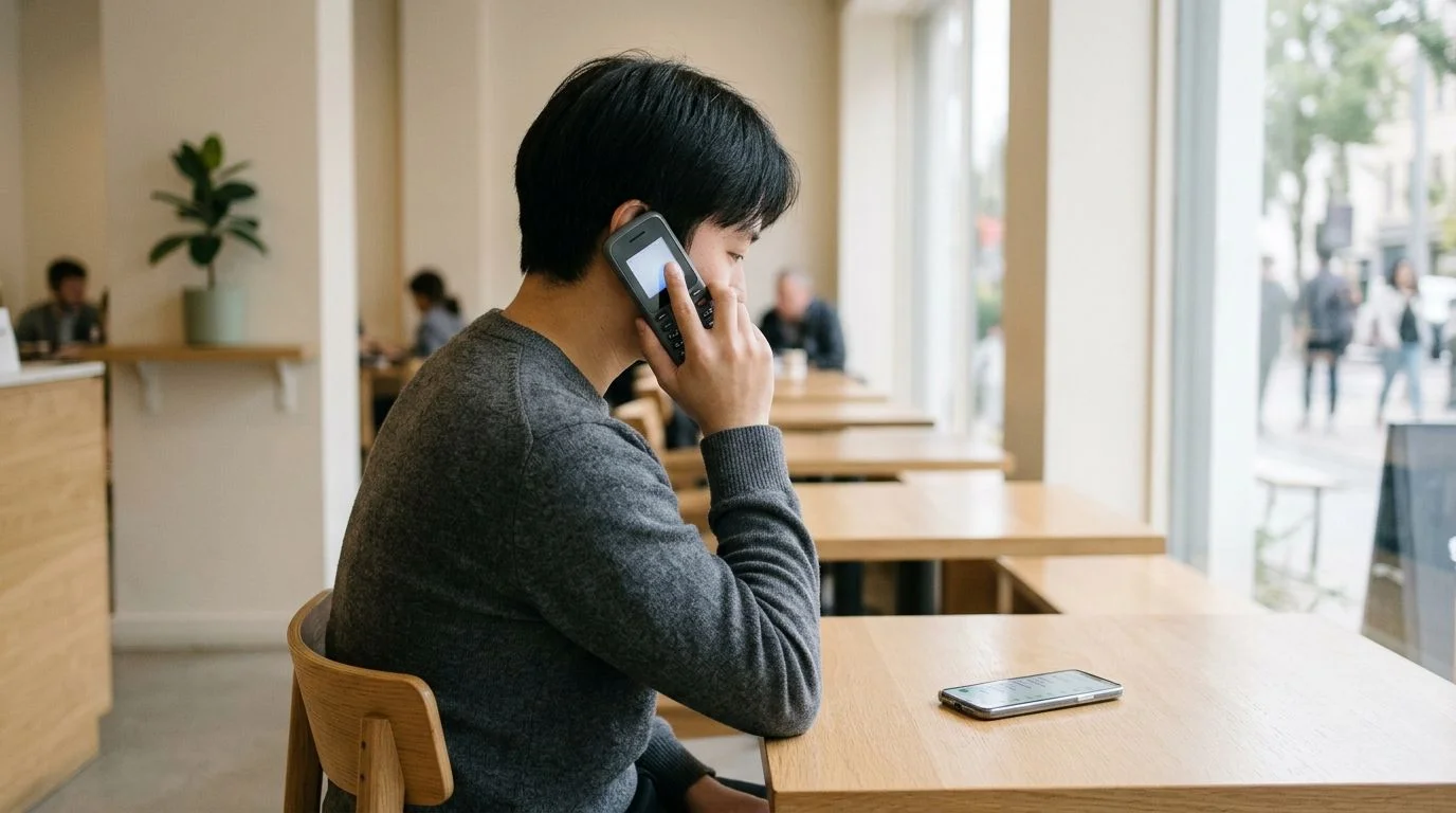 A young man sits at a wooden table in a cafe, talking on an old-fashioned cellular phone.