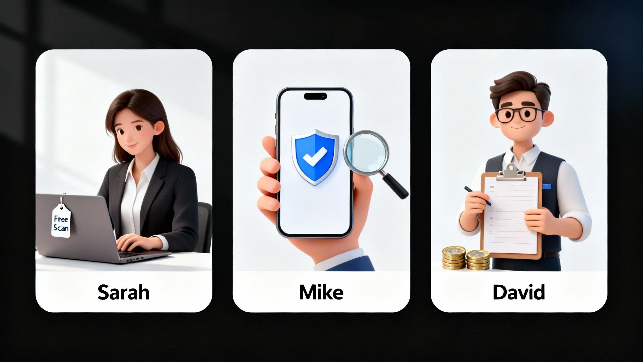 Three cartoon figures: Sarah on a laptop, Mike with phone security scan, and David with a checklist and coins.