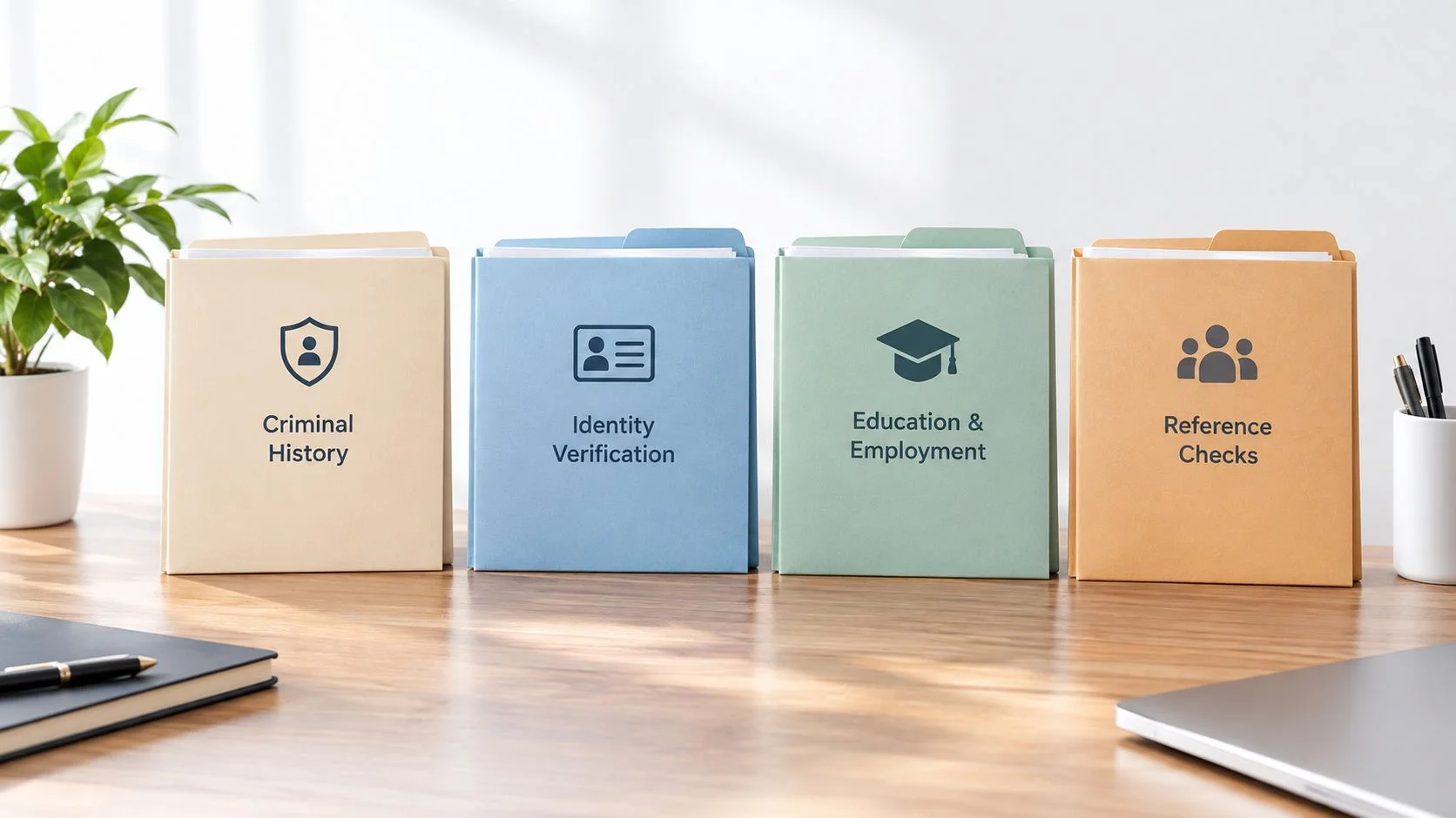 Four colored file folders on a wooden desk representing background check services for nonprofit organizations.