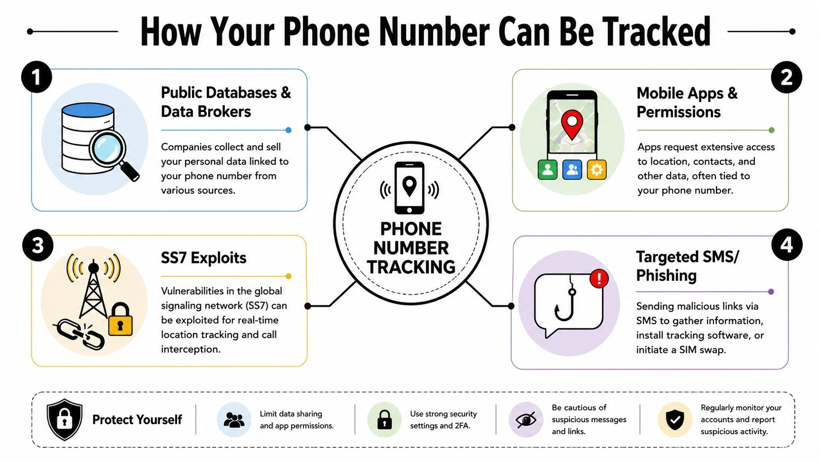 An infographic showing four common ways phone numbers can be tracked by third parties for security awareness.