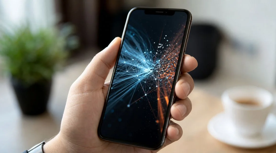 A close-up view of a person holding a smartphone displaying an abstract digital connection network graphic.
