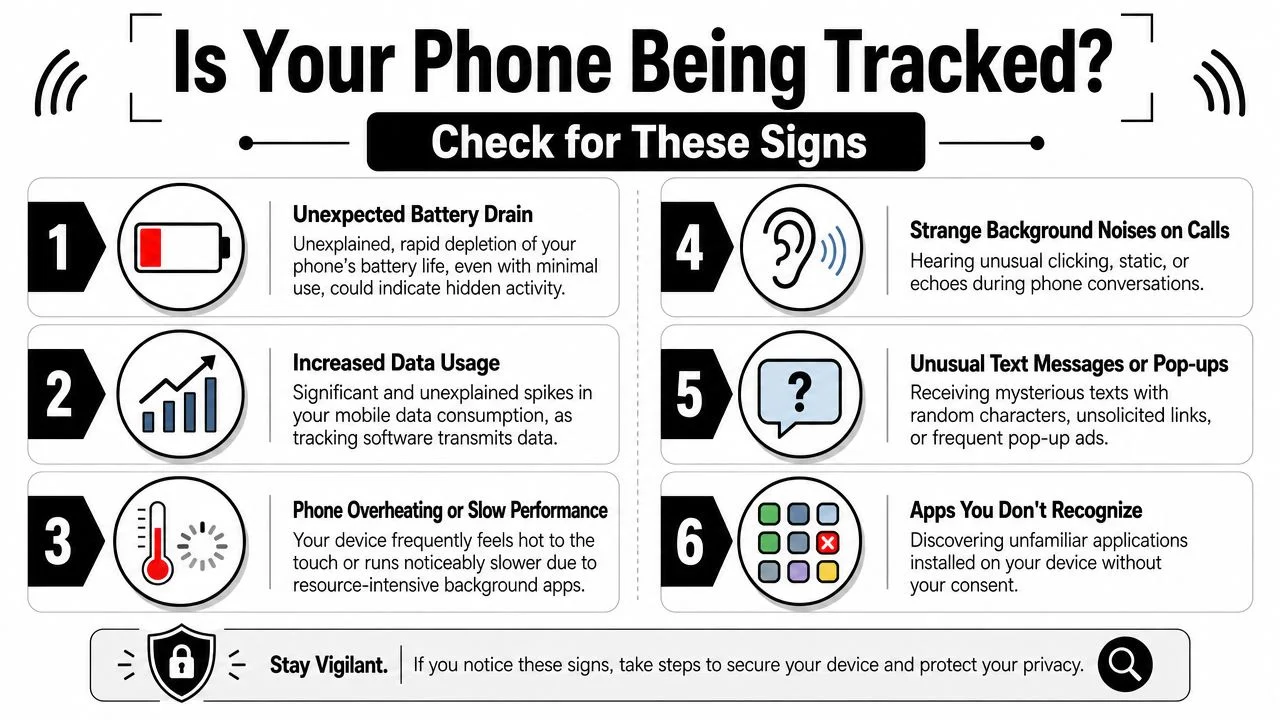 An infographic titled Is Your Phone Being Tracked listing six common signs of mobile device security compromises.