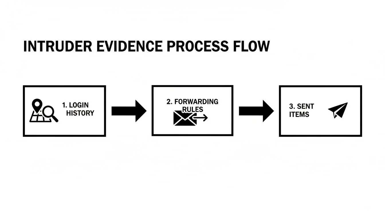 A flowchart illustrates the intruder evidence process flow, including login history, forwarding rules, and sent items.