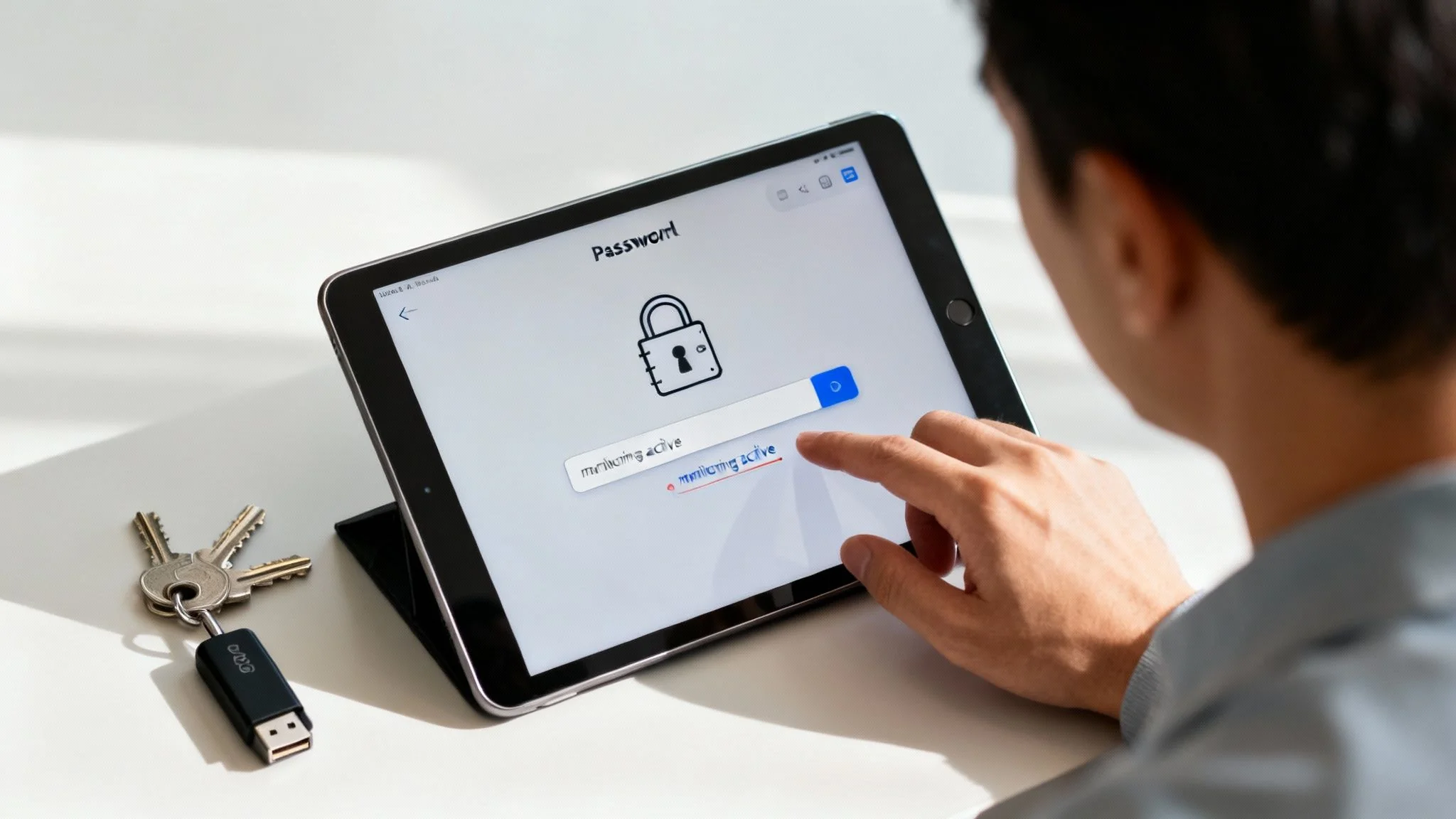 A person's hand touches a tablet screen displaying a password field with a lock icon, next to keys.