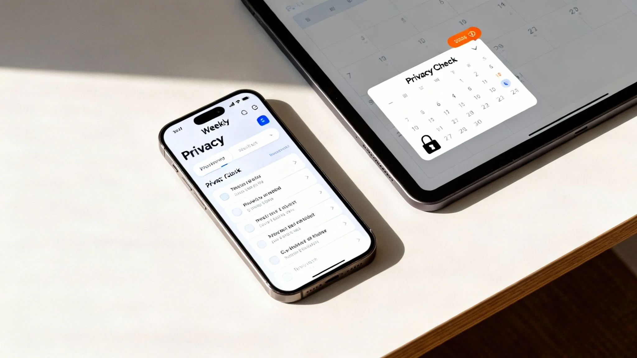 Smartphone and tablet displaying apps related to digital privacy and security settings on a desk.