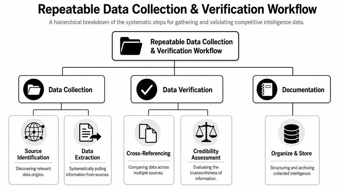 A hierarchical flowchart illustrating the repeatable workflow process for collecting, verifying, and documenting competitive intelligence data.