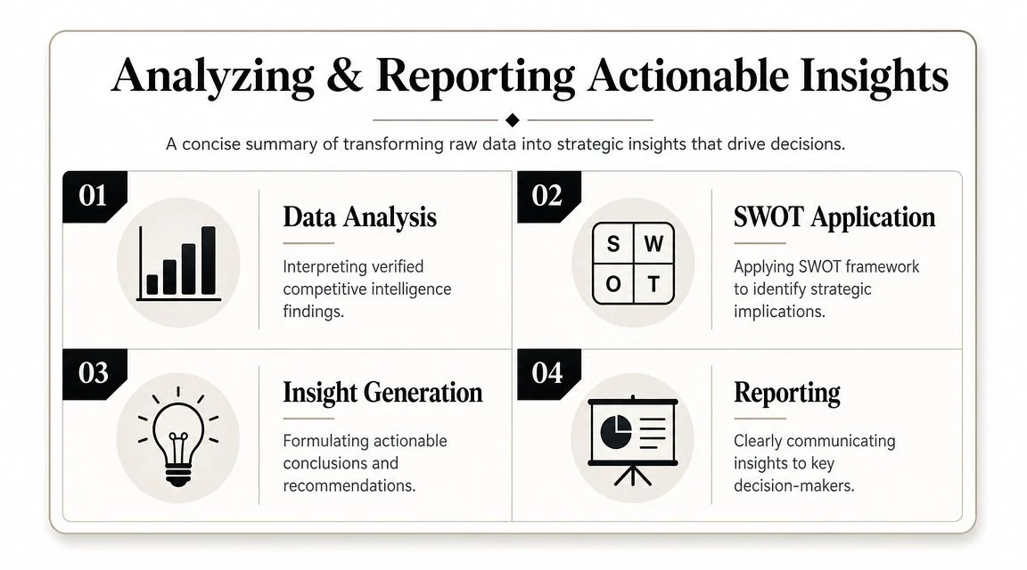 A diagram outlining the four-step process for analyzing and reporting actionable insights from competitive intelligence data.