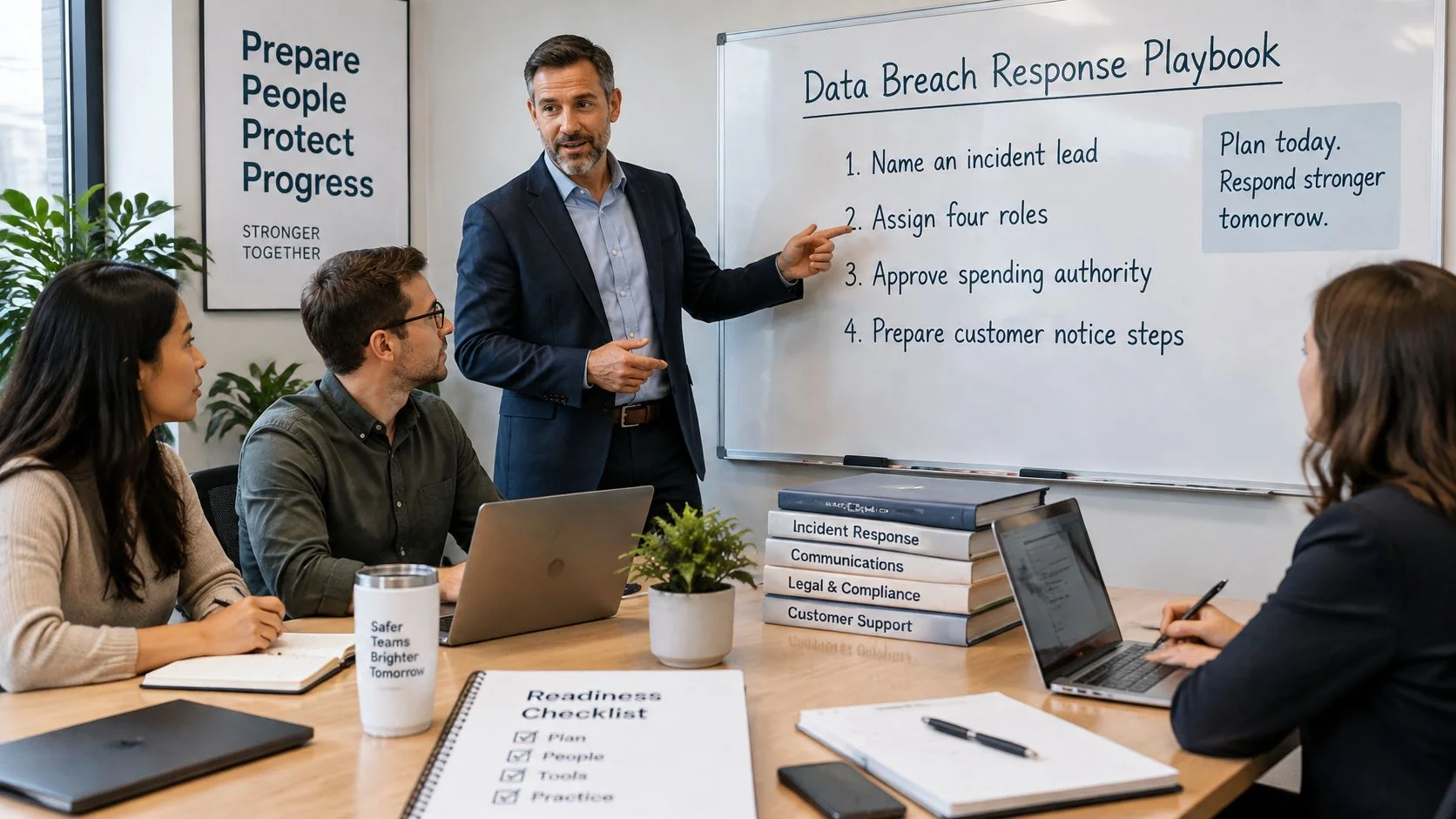 A professional man leads a corporate team meeting about their data breach response playbook at a whiteboard.