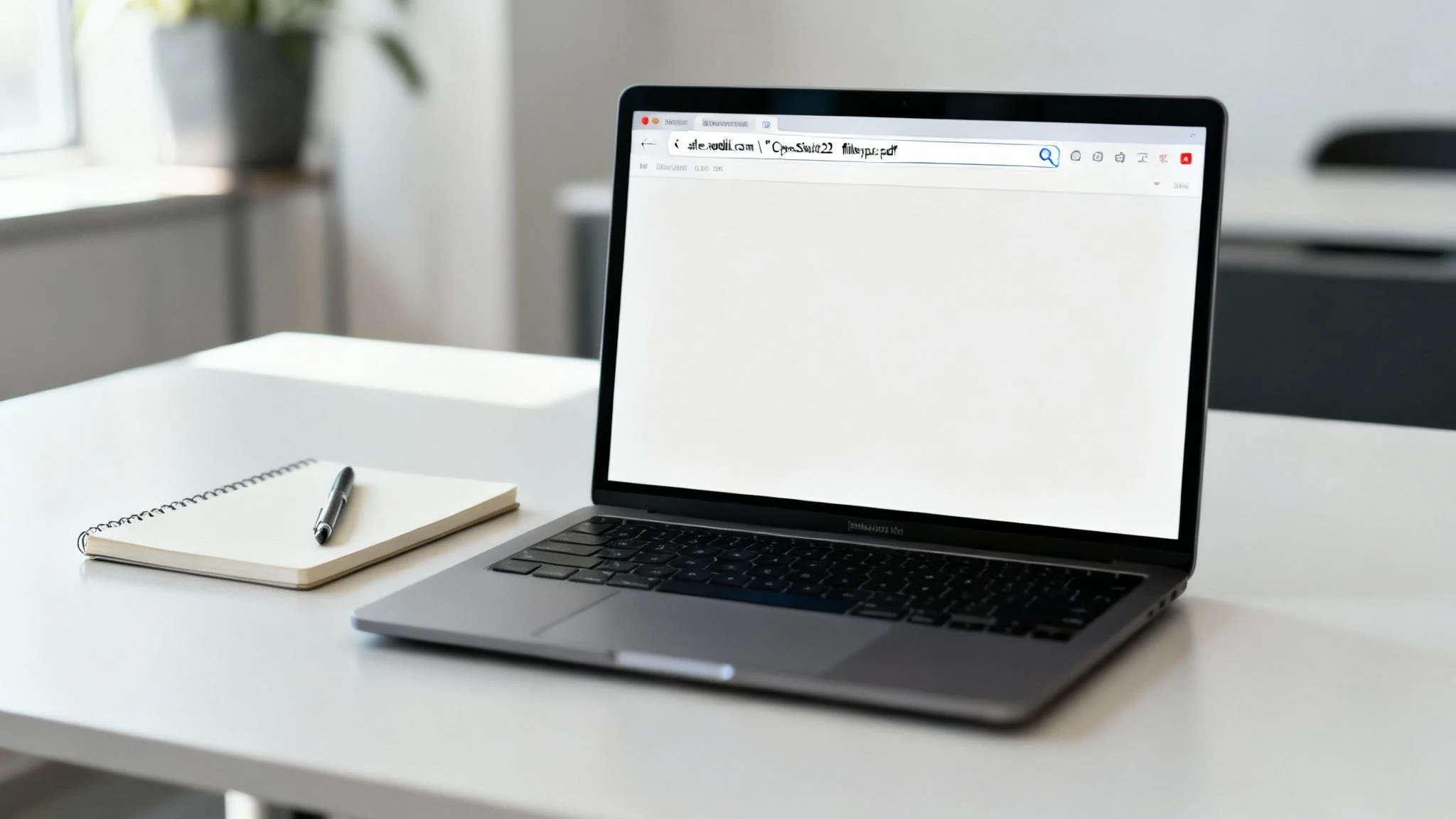 A modern laptop with a blank screen sits on a clean white desk, beside a notebook and pen, ready for work.