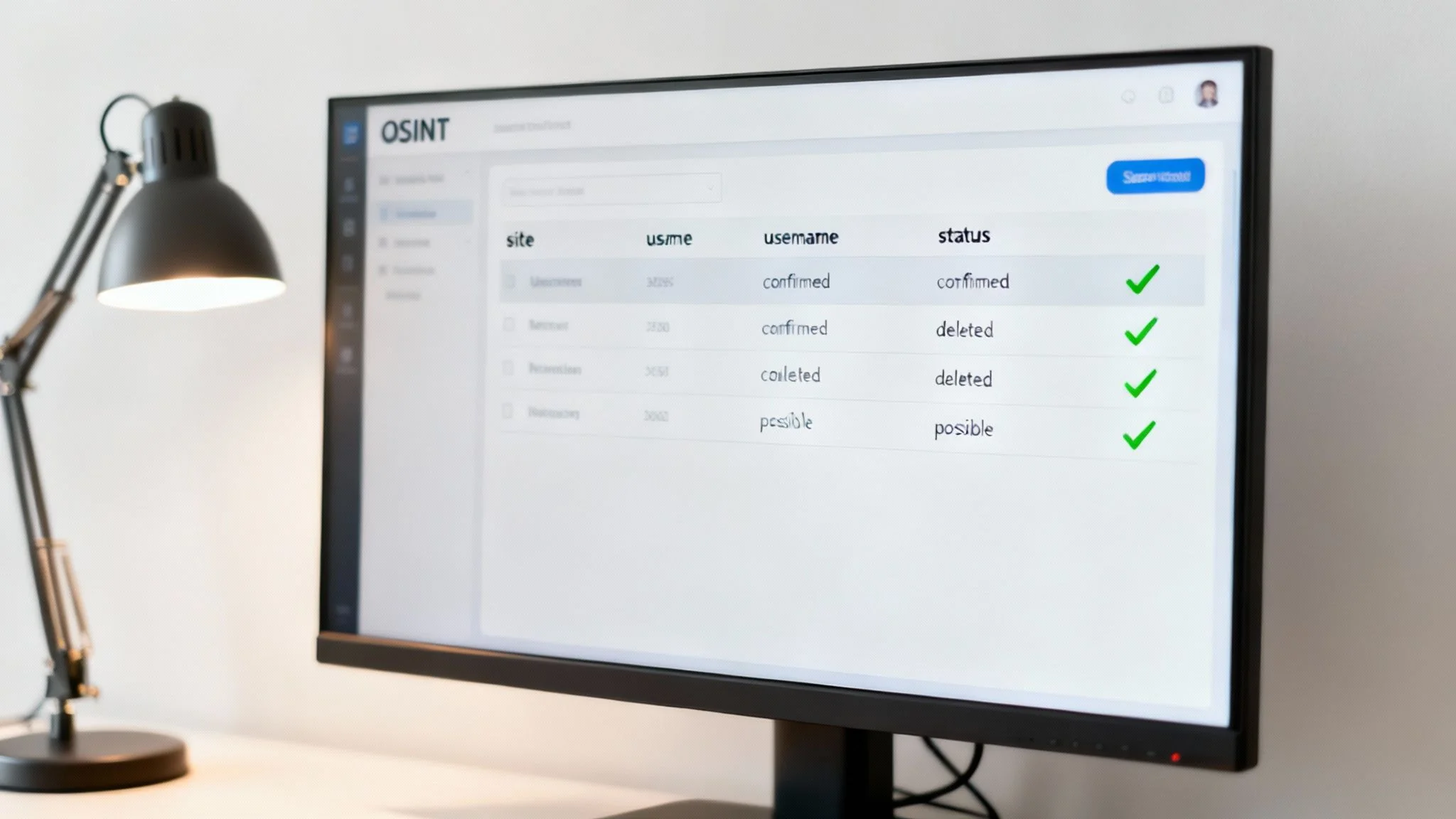 A computer monitor displays an OSINT tool showing username search results and statuses, beside a desk lamp.