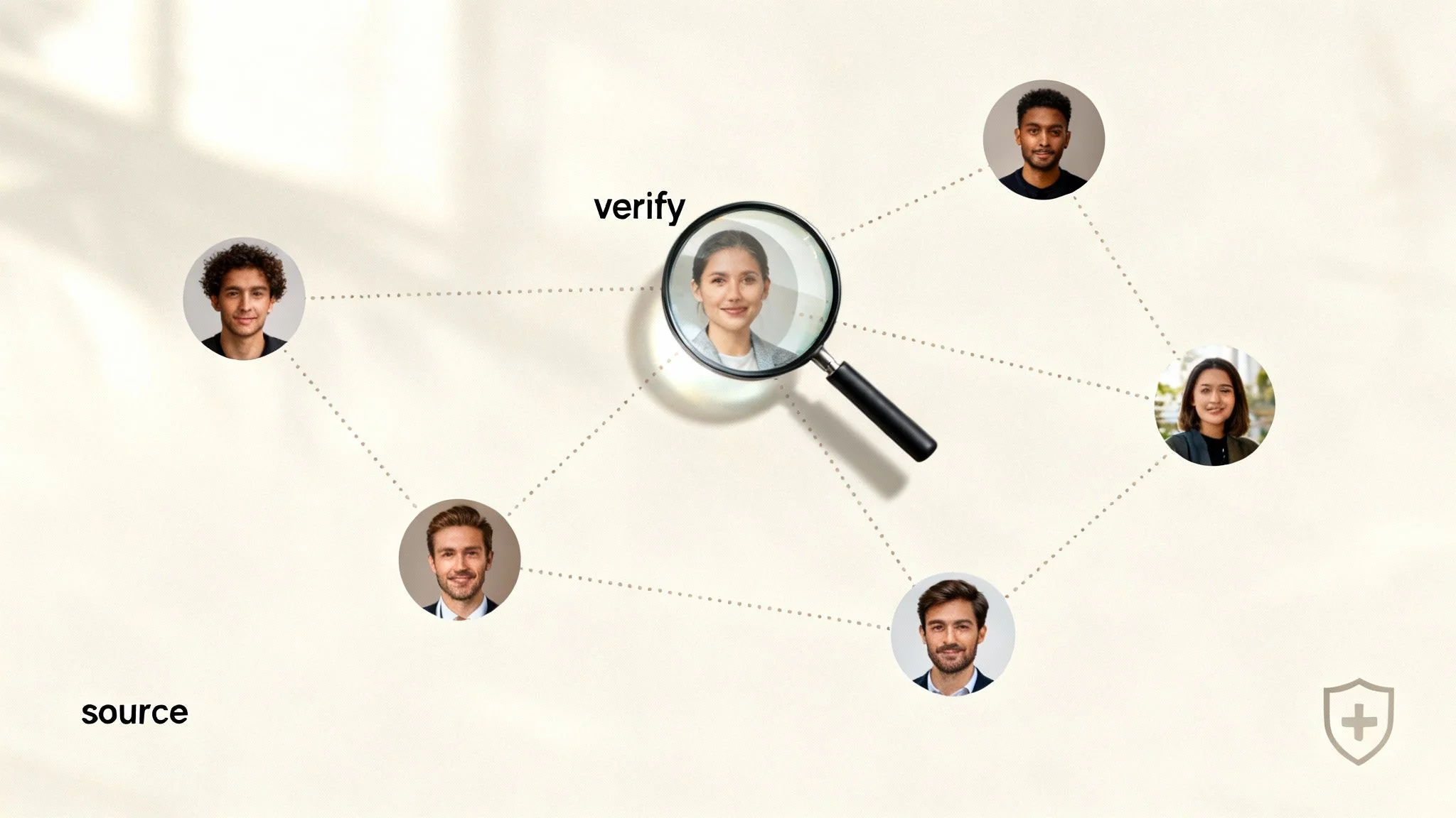 A magnifying glass highlights a person within a network of connected individuals, with text 'verify' and 'source'.