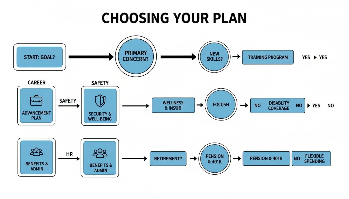 Flowchart guiding plan selection, covering career advancement, safety, wellness, and retirement benefits.