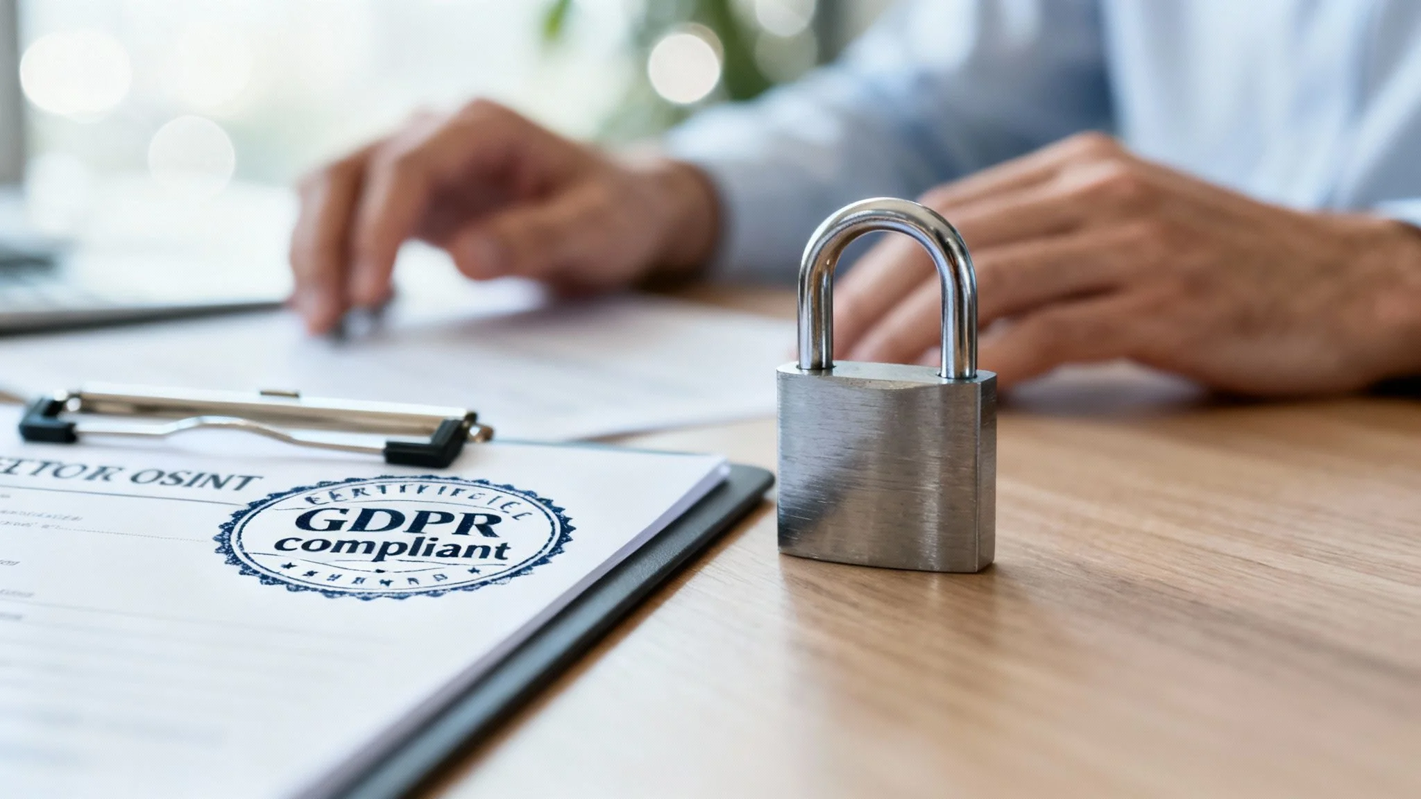 A desk with a 'GDPR compliant' document, a padlock, and hands, symbolizing data privacy and security.
