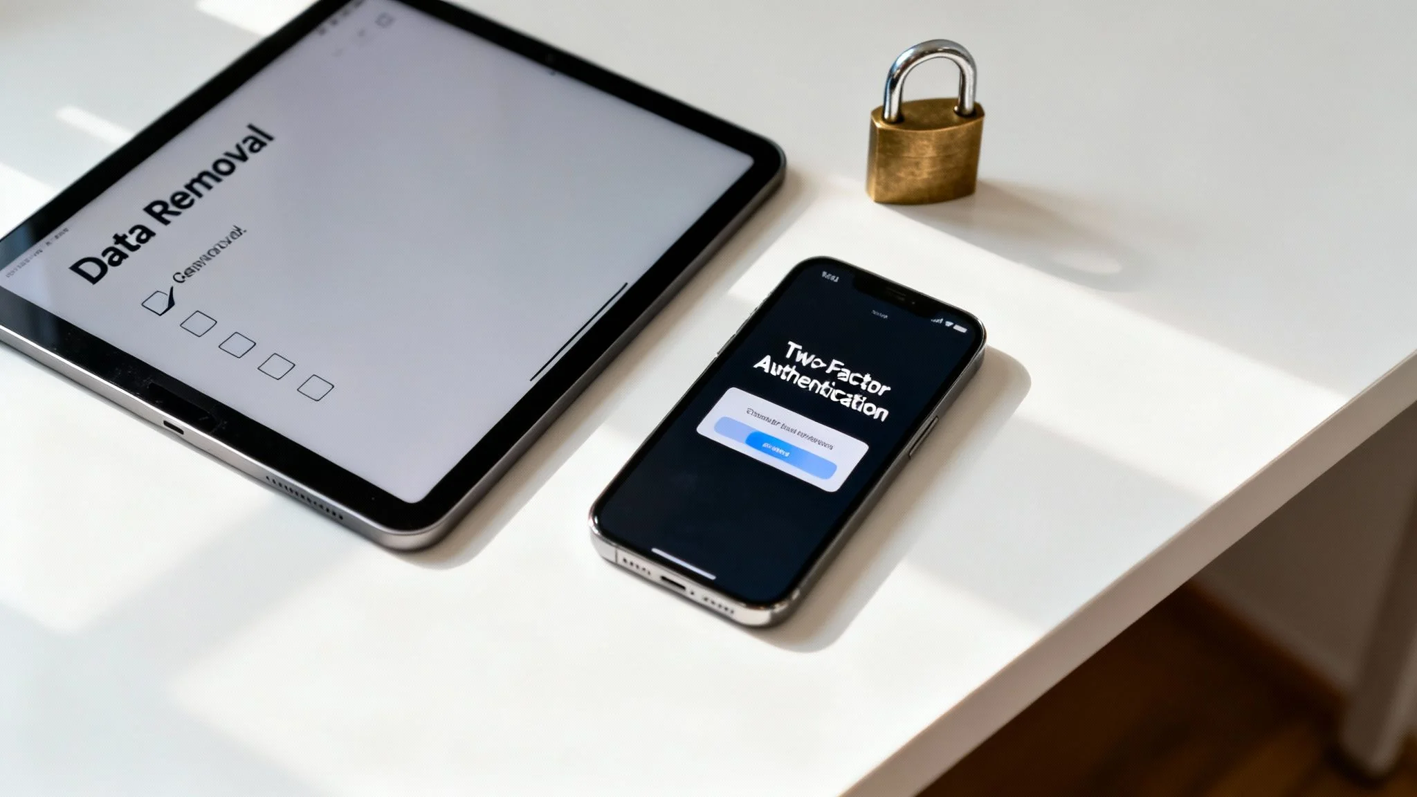 A tablet showing 'Data Removal', a phone with 'Two-Factor Authentication', and a padlock on a white desk, representing digital privacy.