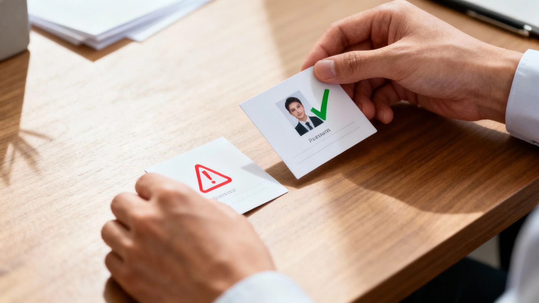 Hands compare two application cards, one approved with a photo and green checkmark, one with a red warning.