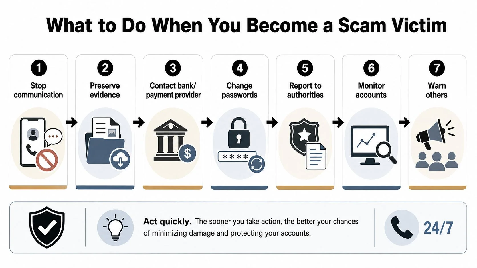A seven-step infographic showing actions to take if you become a victim of an online scam.