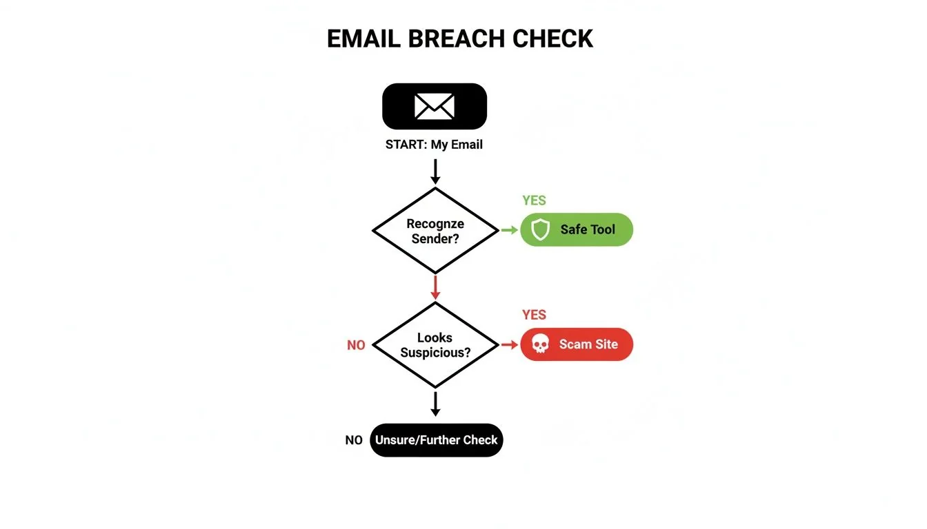 Flowchart illustrating an email breach check process, guiding users on how to identify safe or suspicious emails.