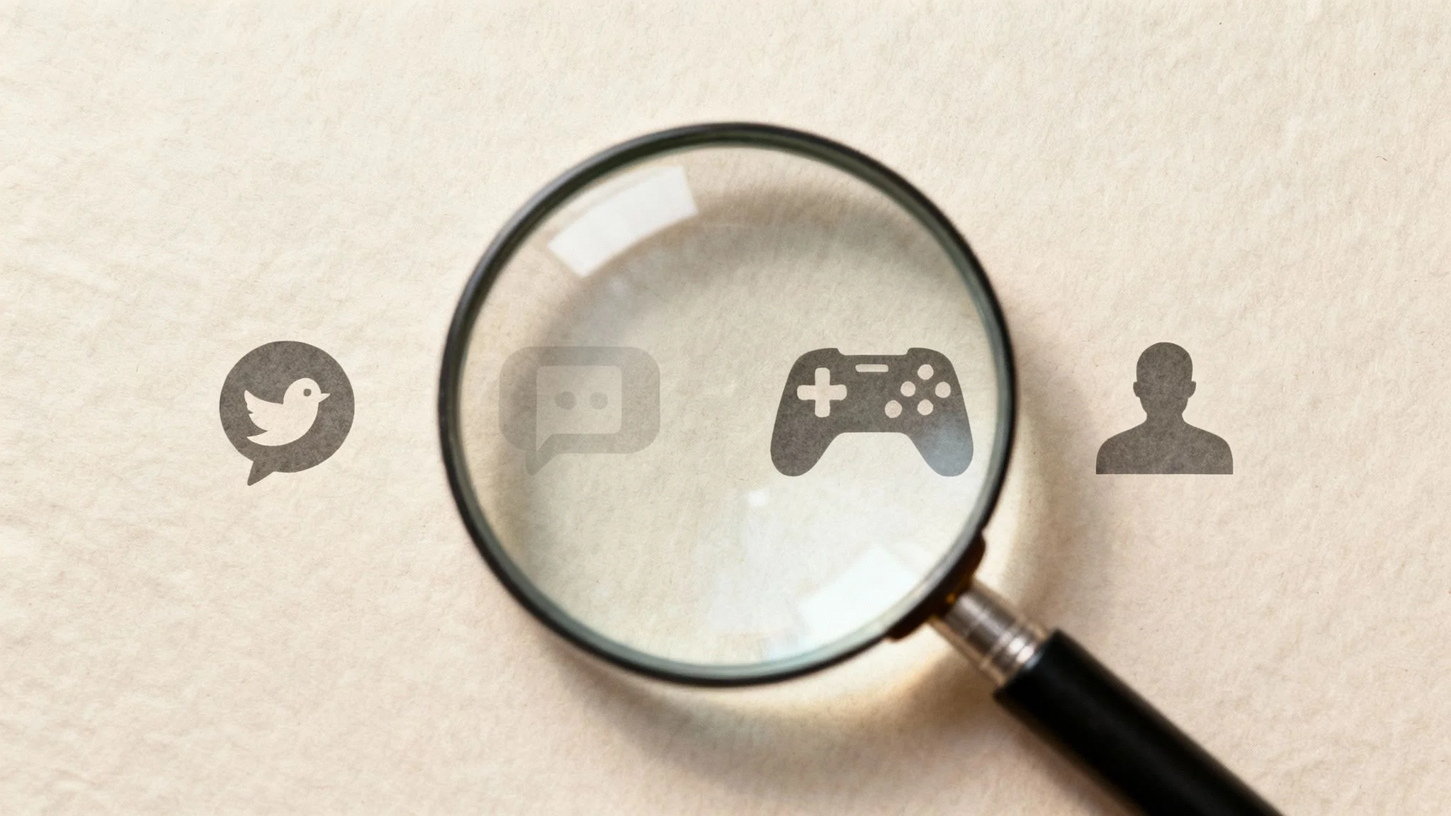 A magnifying glass examining social media, chat, gaming, and user profile icons on a textured background.