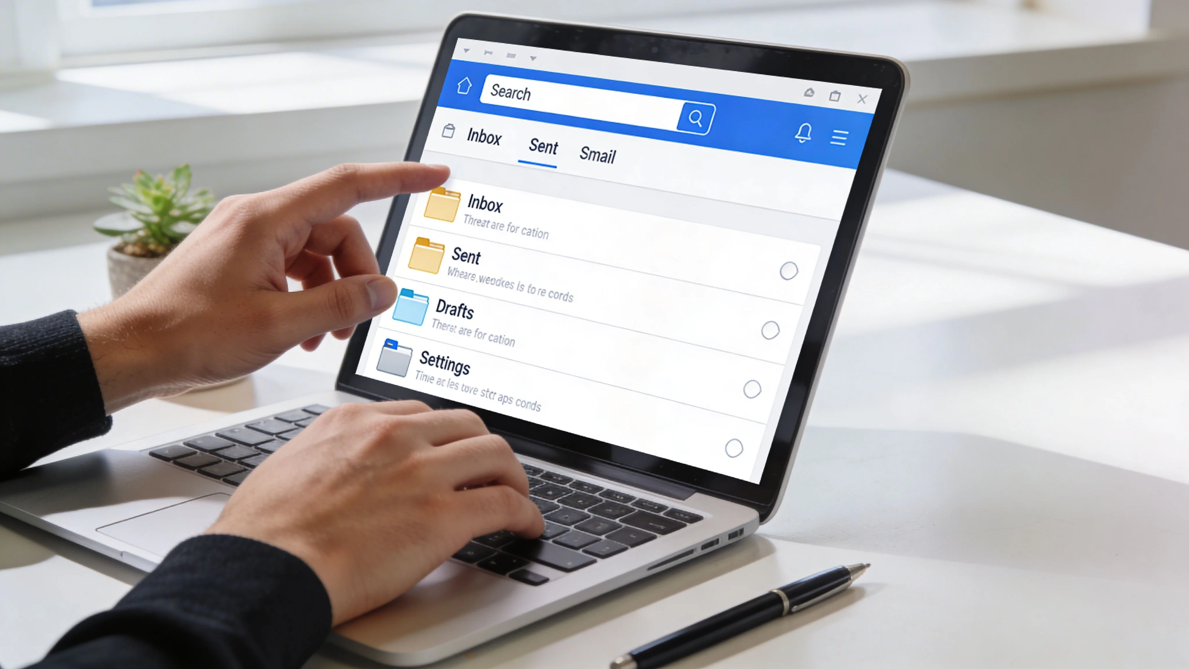 A person using a laptop to view email account settings and folders on a bright office desk.