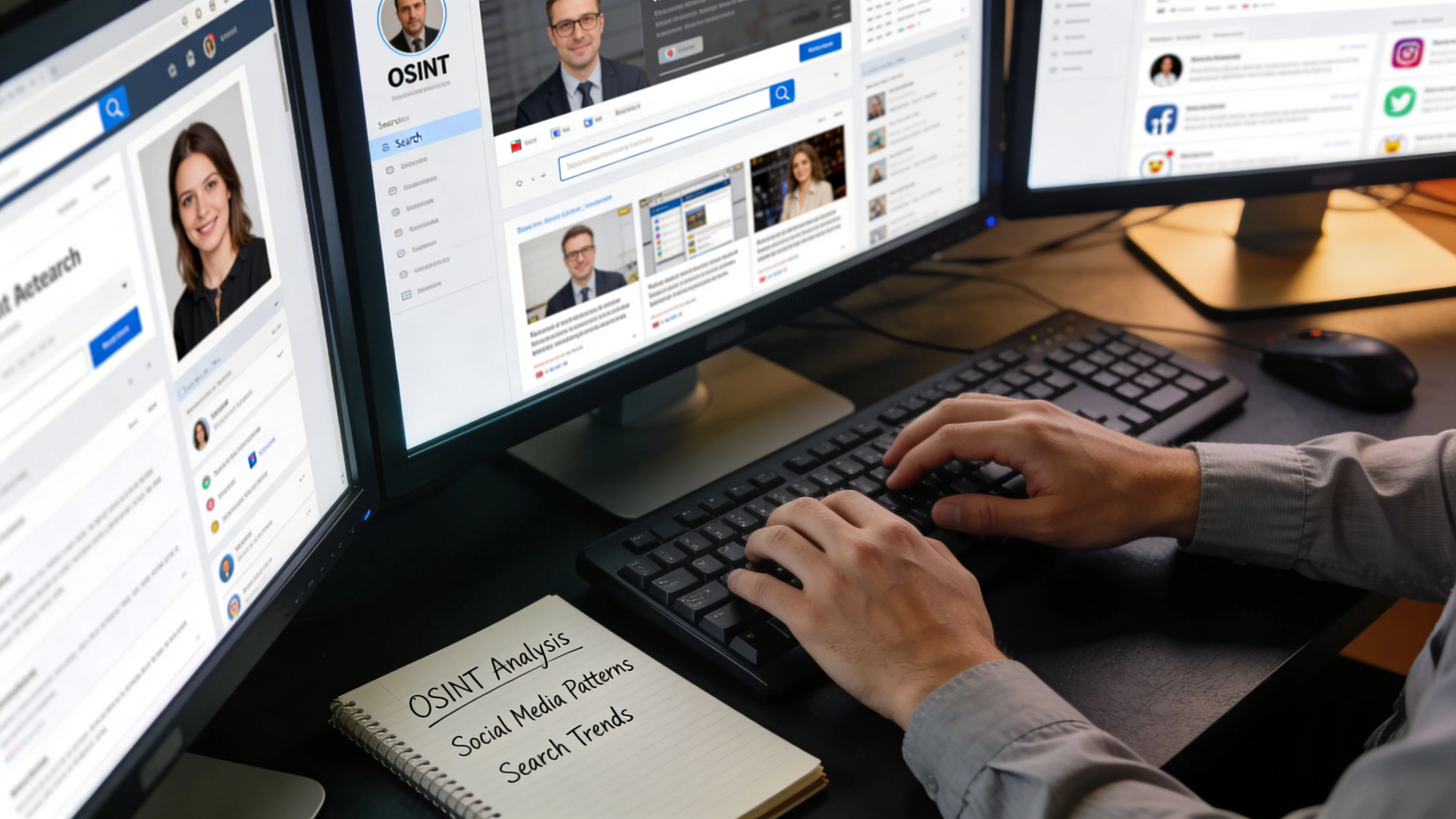 A person working at a desk with multiple monitors analyzing social media profiles for OSINT investigations.