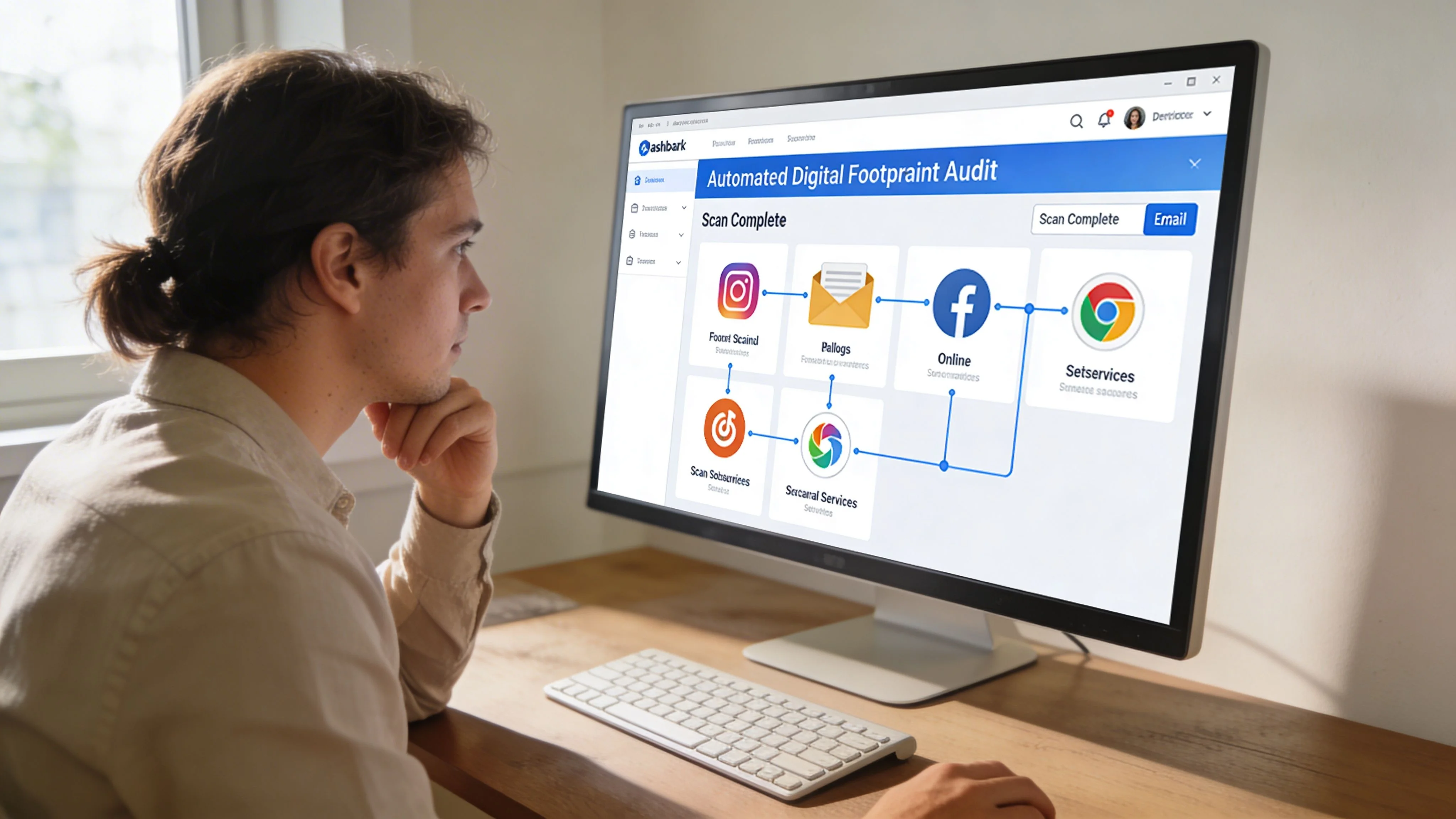 A man focused on his computer screen displaying an automated digital footprint audit of various online accounts.
