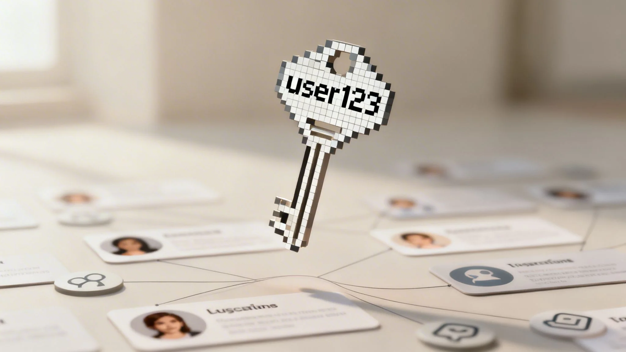 A pixelated key labeled 'user123' floats above a network of connected profile cards.