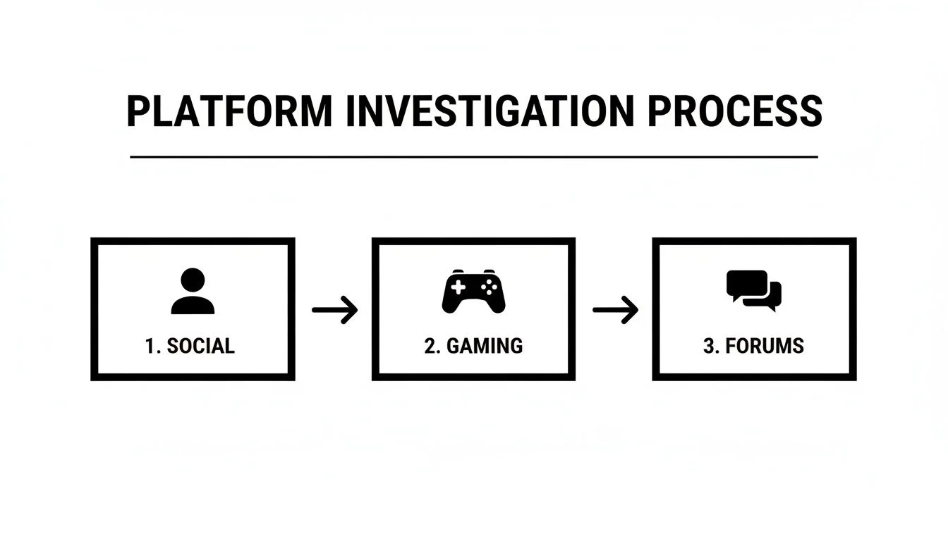 Diagram illustrating a platform investigation process, moving from social and gaming to forums.