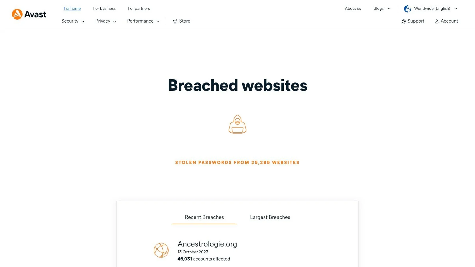 Avast Hack Check showing an email breach check result