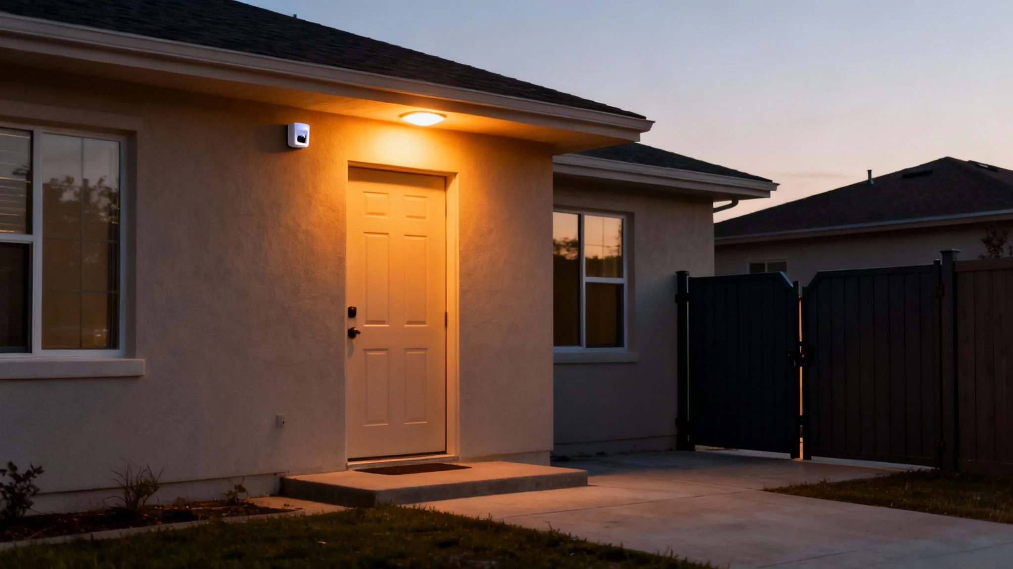 A residential house exterior at dusk with a bright porch light and security camera.