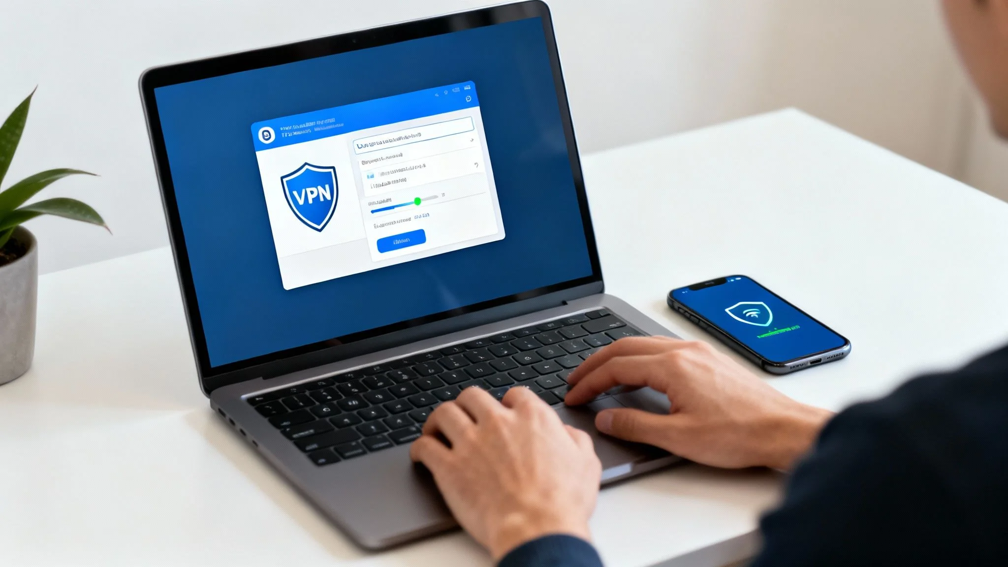 Person using VPN software on laptop and smartphone to protect online privacy and security