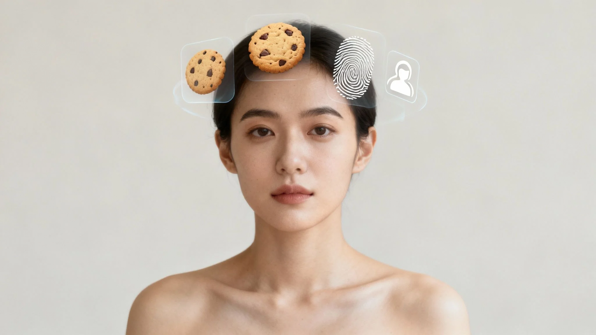 Woman's portrait with digital privacy icons including cookies, fingerprint, and user profile overlay