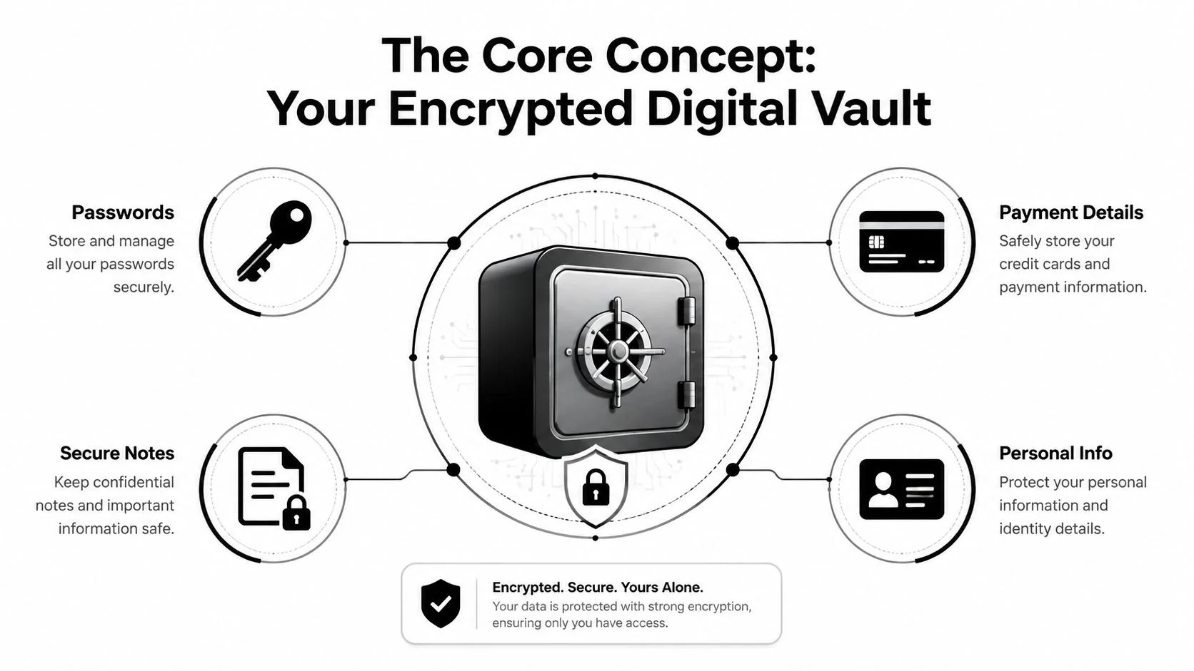 An infographic showing a digital vault protecting passwords, payment details, secure notes, and personal identity information.