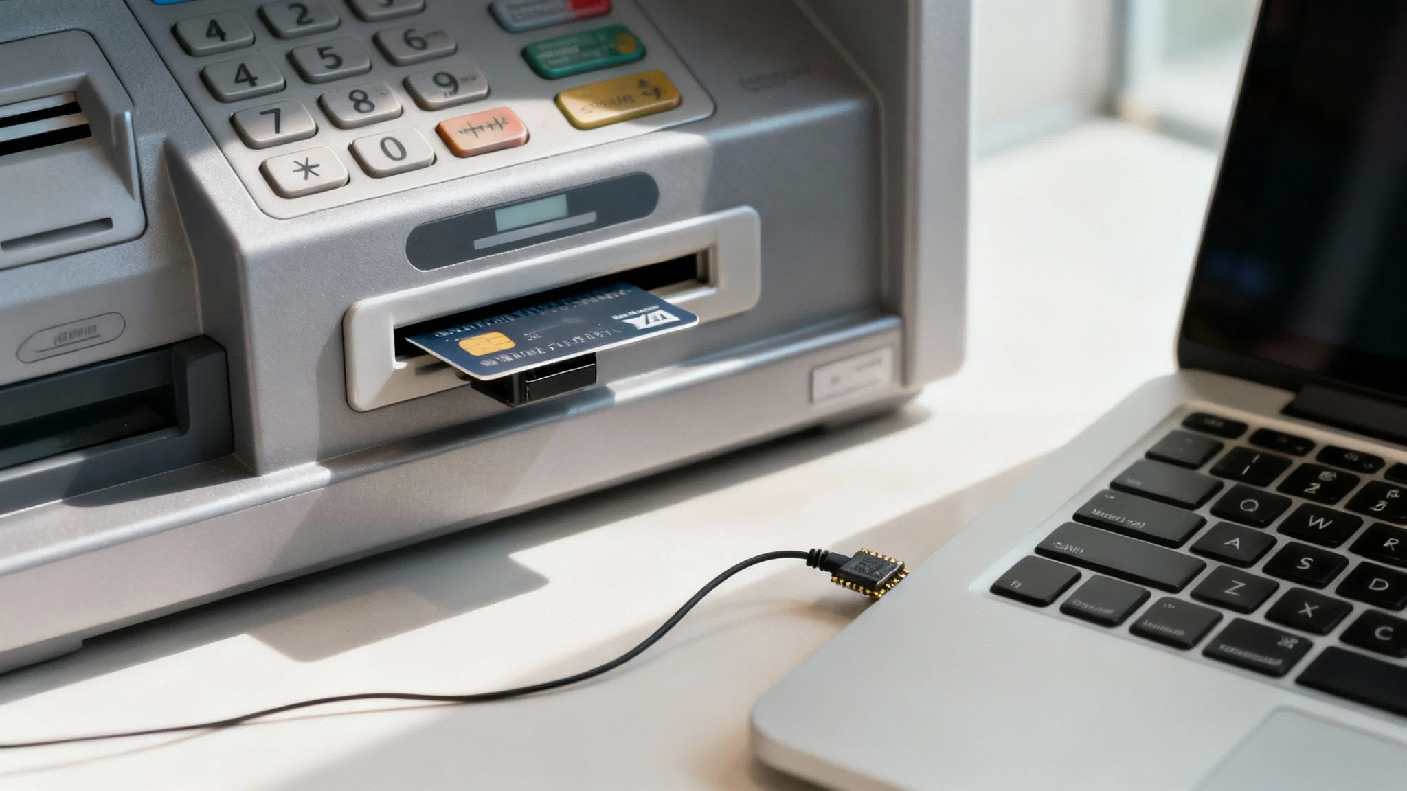 A close-up of a credit card being swiped at a gas pump with a hidden skimming device attached.