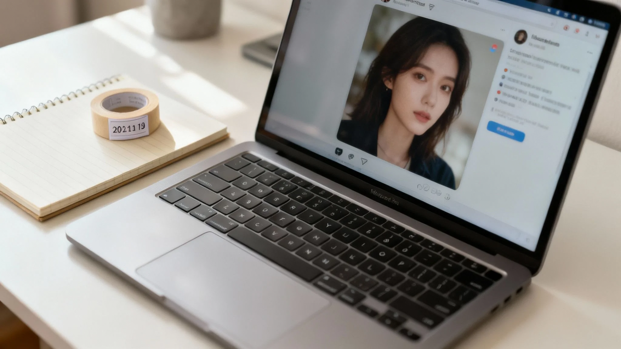 Laptop displaying social media profile with woman's photo for online investigation and monitoring