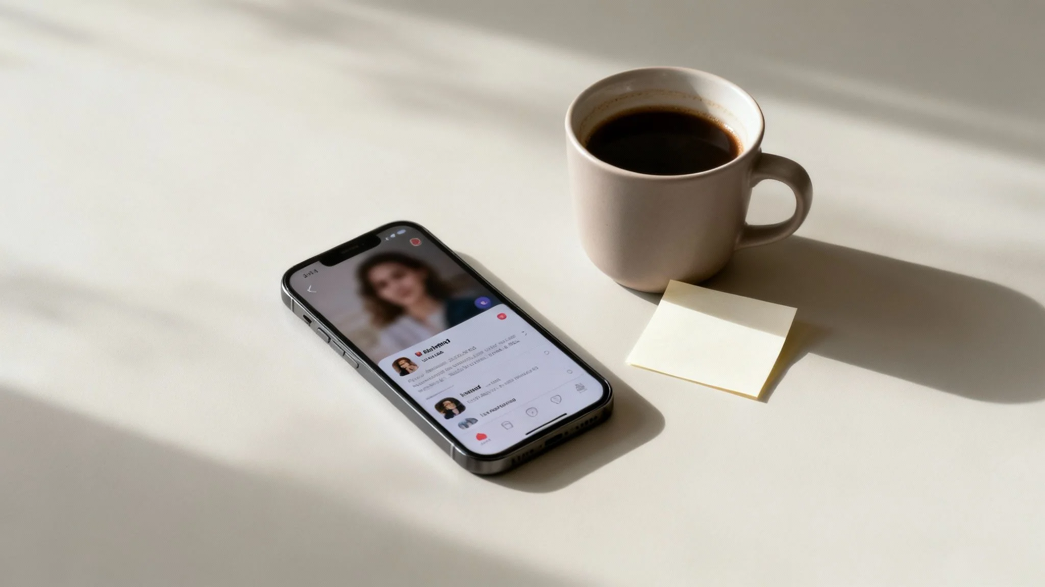 Smartphone displaying social media chat interface next to coffee cup and sticky notes on desk