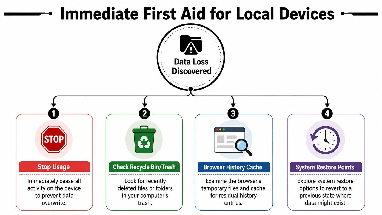 A flowchart explaining immediate steps to take when data loss is discovered on a local device.