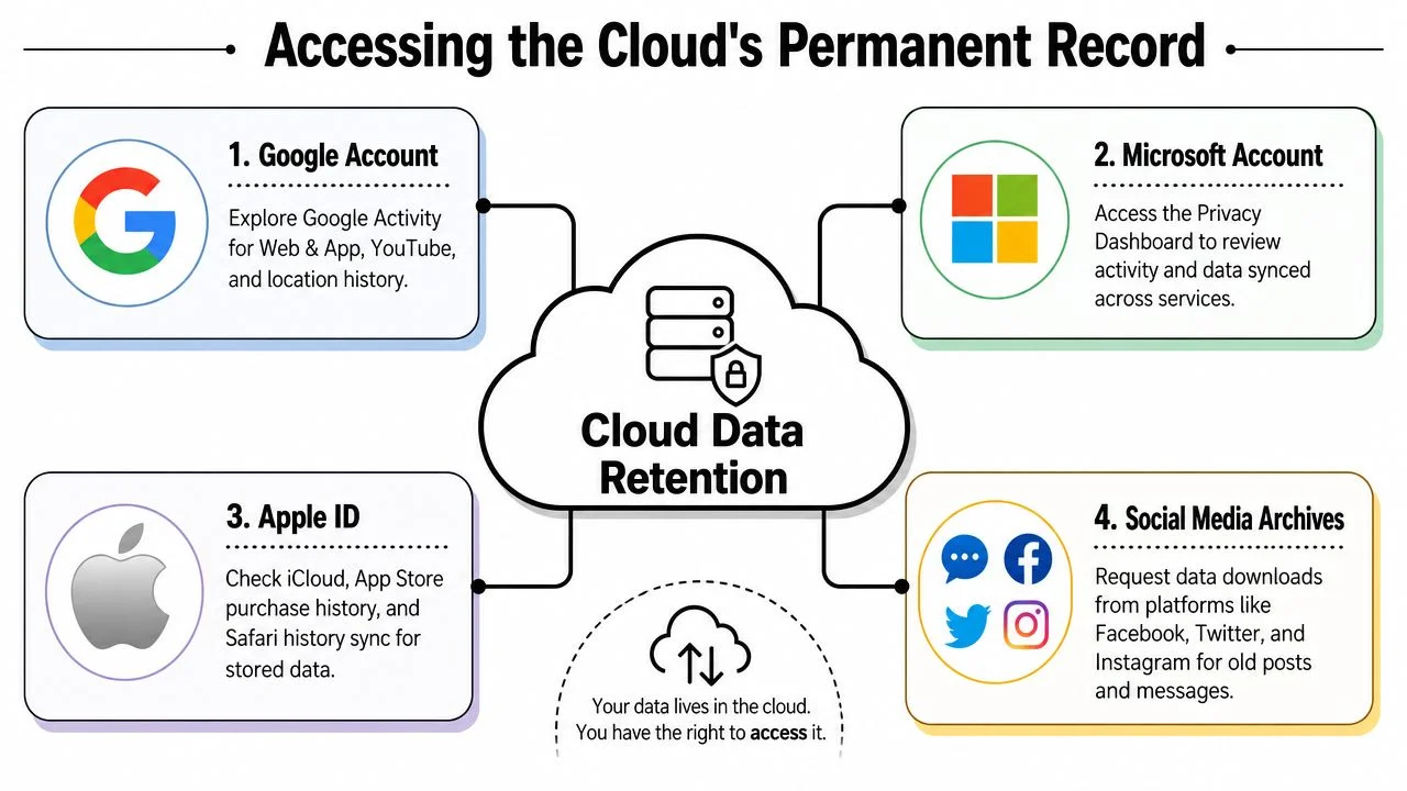 A diagram illustrating how to access permanent cloud data records from Google, Microsoft, Apple, and social media platforms.