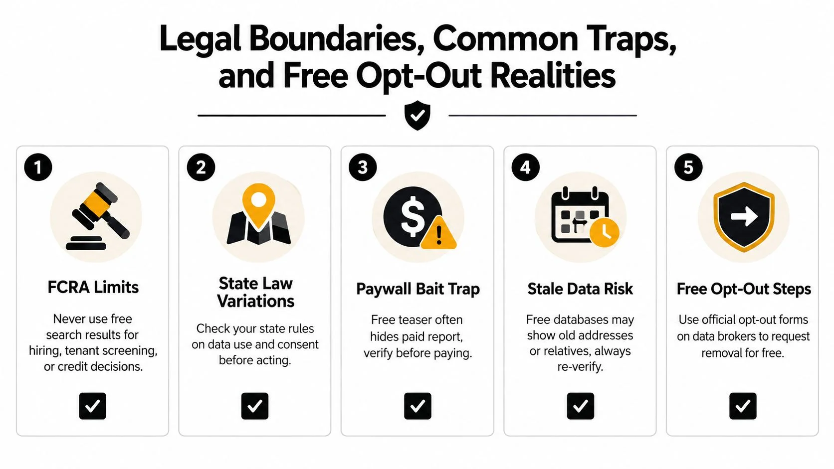 An infographic titled Legal Boundaries, Common Traps, and Free Opt-Out Realities detailing five essential people search tips.
