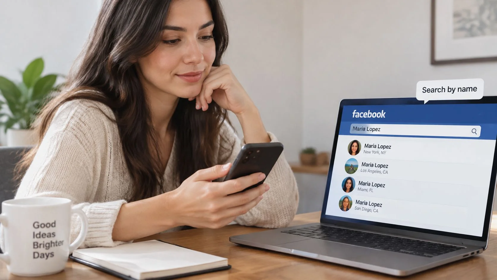 A woman using her smartphone next to a laptop displaying Facebook search results for Maria Lopez.