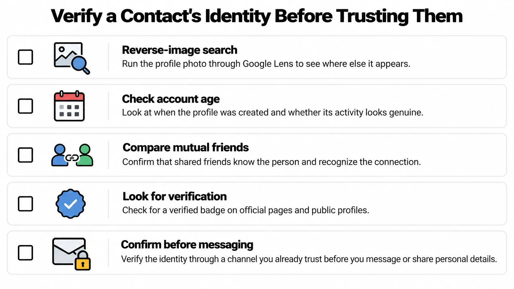 A checklist infographic titled Verify a Contact's Identity Before Trusting Them with tips for online safety.