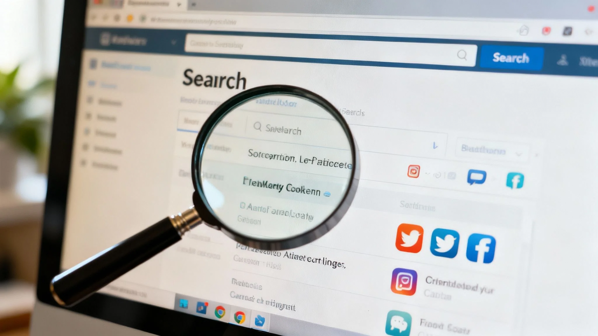 Person using a magnifying glass to inspect a digital screen showing various social media icons