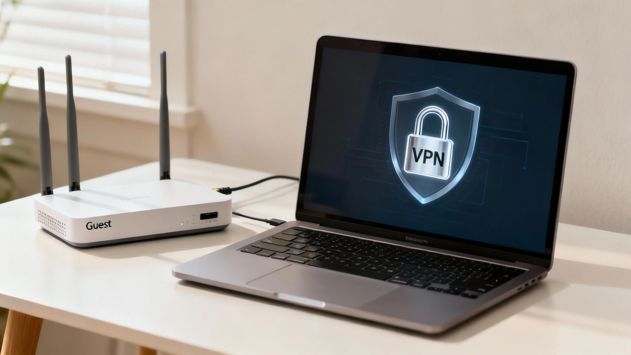 A laptop displays a VPN shield icon next to a white wireless router labelled 'Guest'.