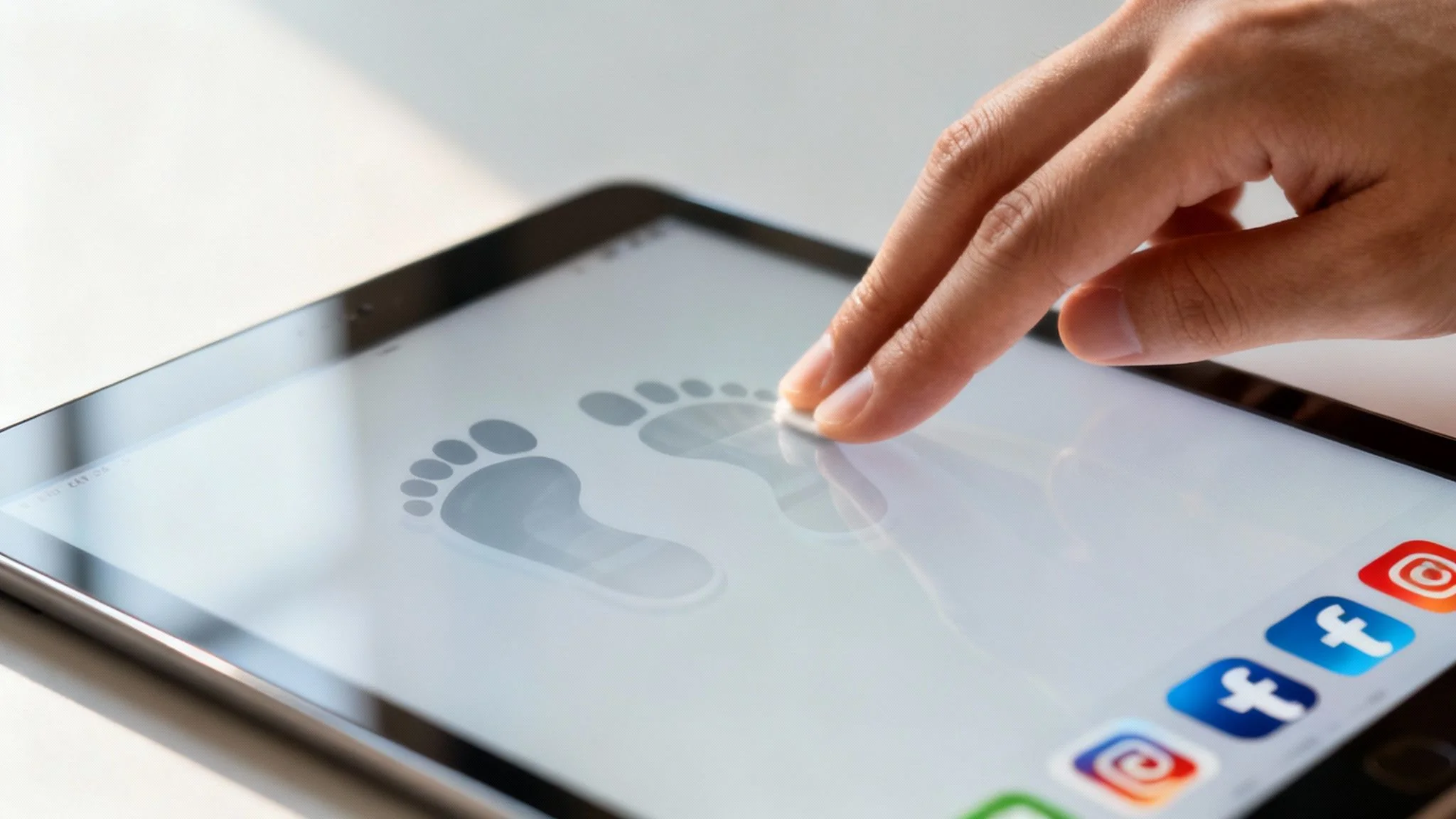 Hand tapping a tablet screen displaying digital footprints and social media icons, symbolizing online data.