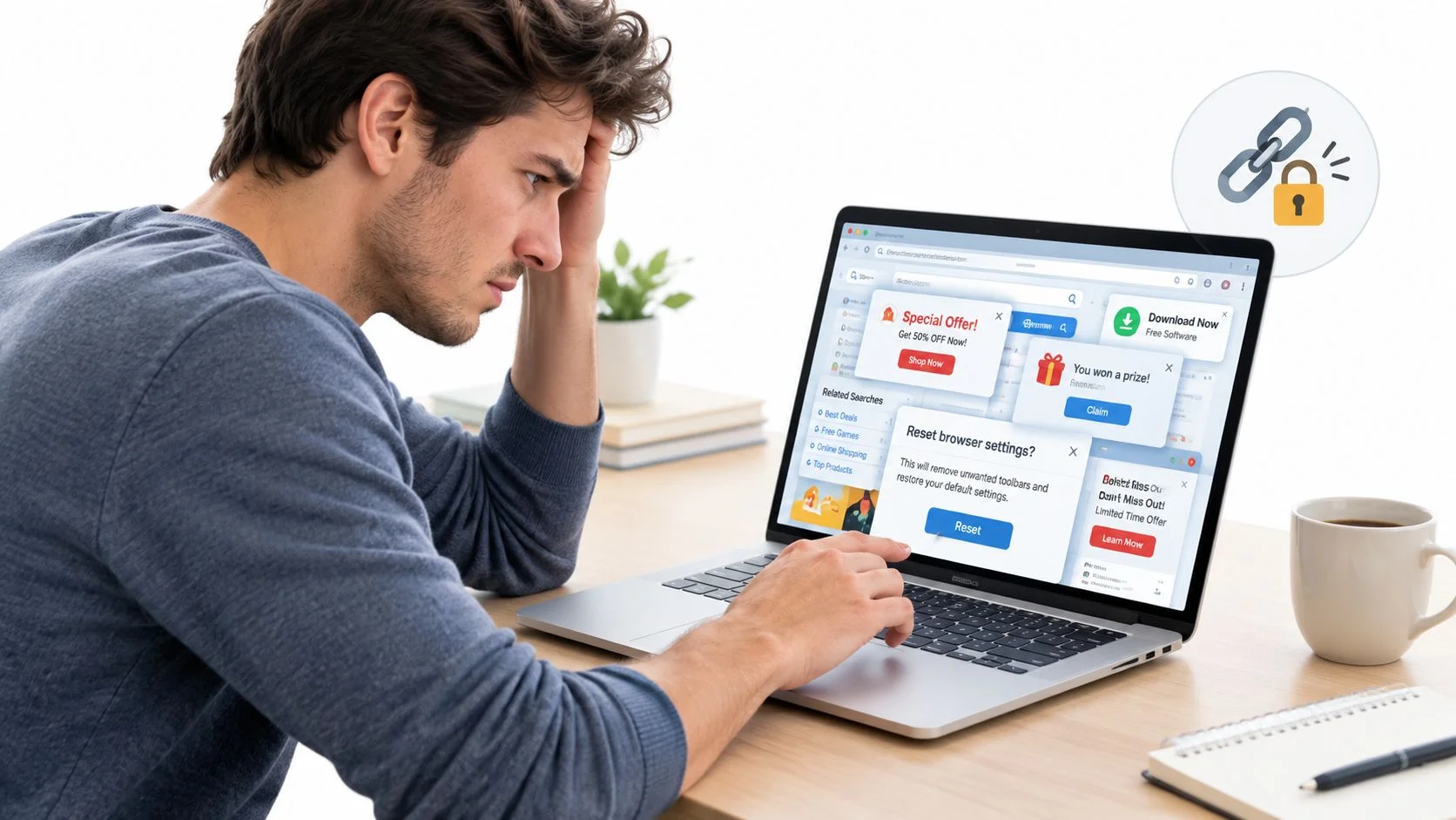 A frustrated man looking at a laptop screen overwhelmed by browser pop-up advertisements and security warnings.